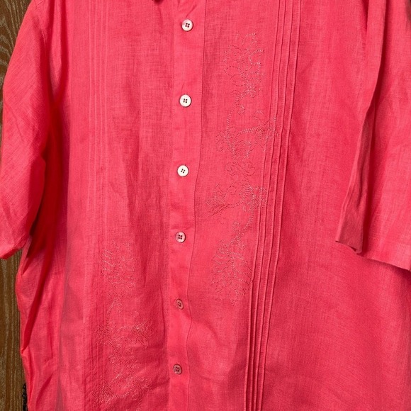 Luau 2XL Mens Coral Pink Linen Embroidered Short Sleeve Button Down Shirt Casual - Picture 3 of 7